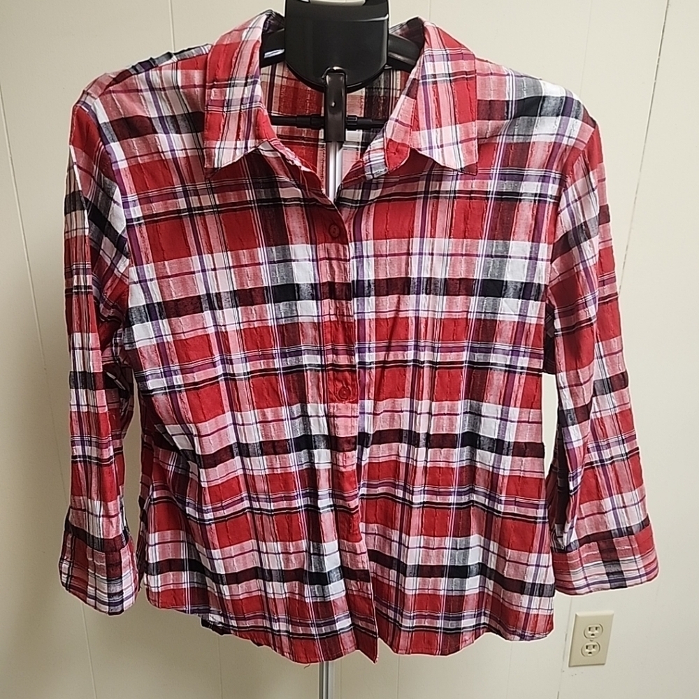 Alia Petite Red Plaid Texture Button Down Shirt SZ 14p